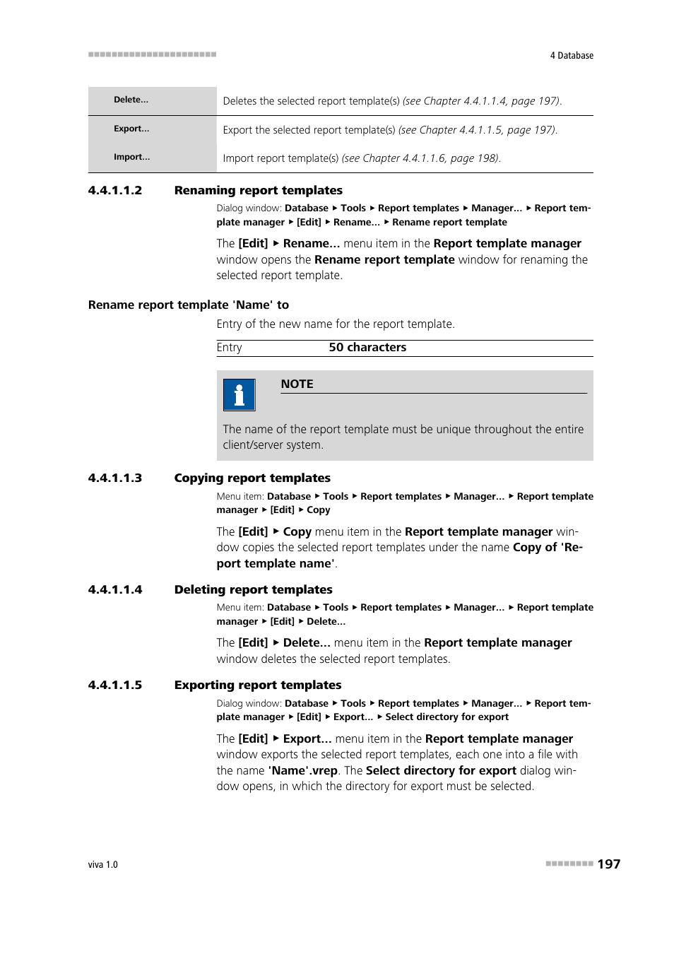 2 renaming report templates, 3 copying report templates, 4 deleting report templates | 5 exporting report templates | Metrohm viva 1.0 Manual User Manual | Page 209 / 898