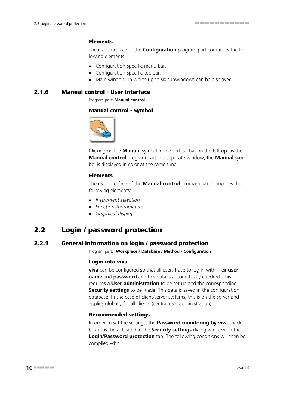 6 manual control - user interface, 2 login / password protection, Manual control - user interface | Login / password protection, General information on login / password protection, Manual | Metrohm viva 1.0 Manual User Manual | Page 22 / 898