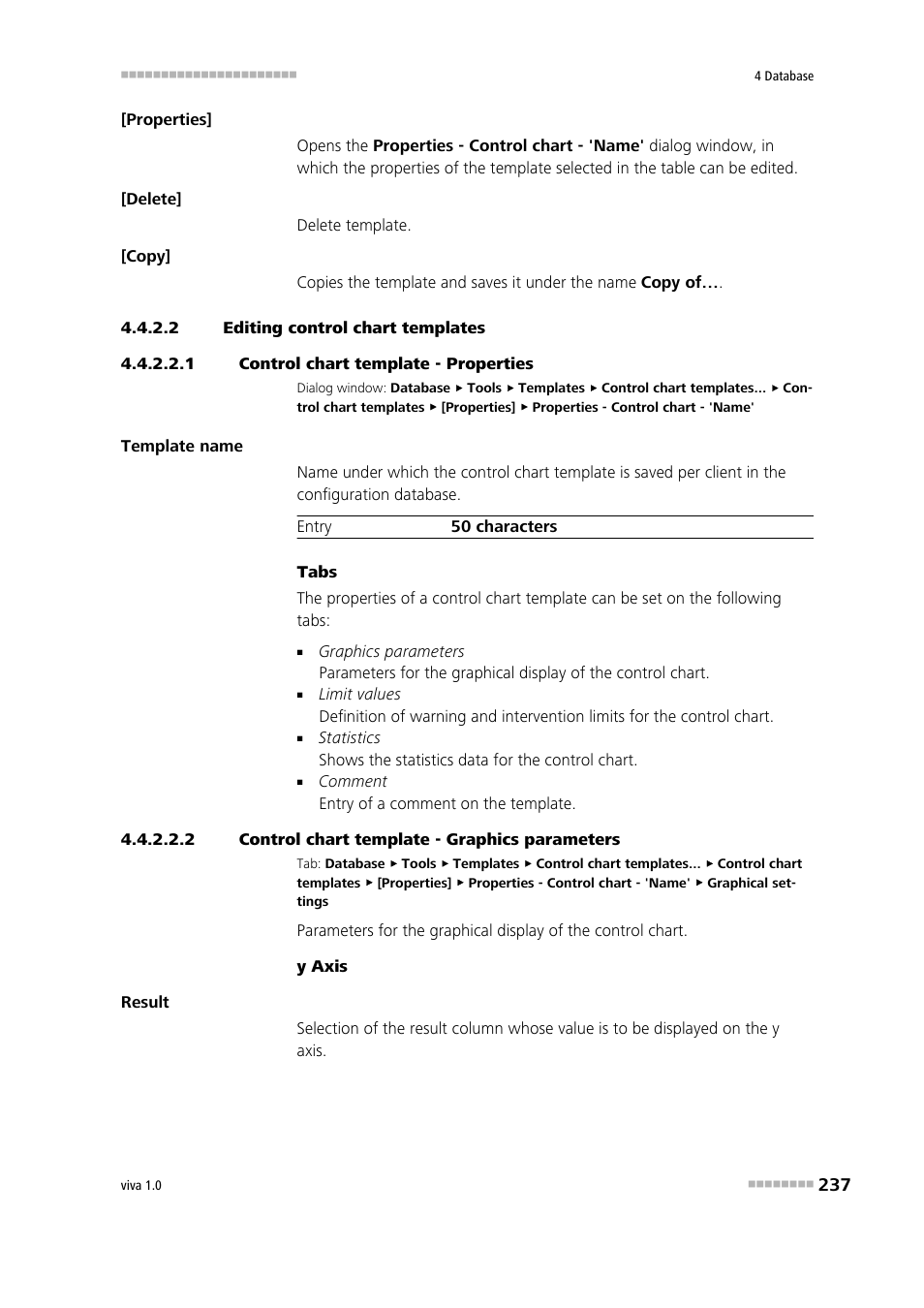 2 editing control chart templates, 1 control chart template - properties, 2 control chart template - graphics parameters | Editing templates for control charts | Metrohm viva 1.0 Manual User Manual | Page 249 / 898