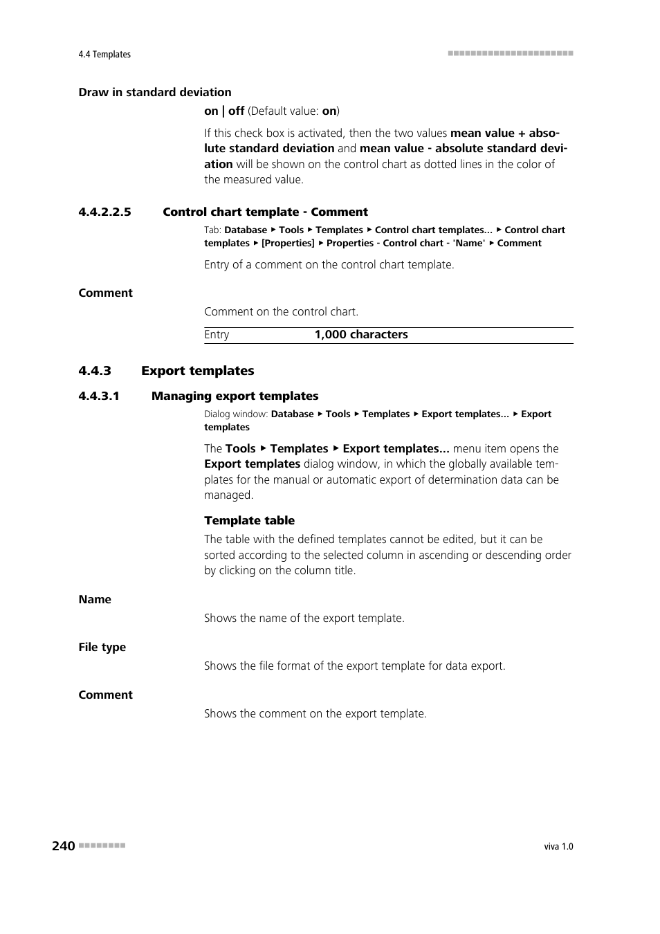 5 control chart template - comment, 3 export templates, 1 managing export templates | Export templates, Comment | Metrohm viva 1.0 Manual User Manual | Page 252 / 898