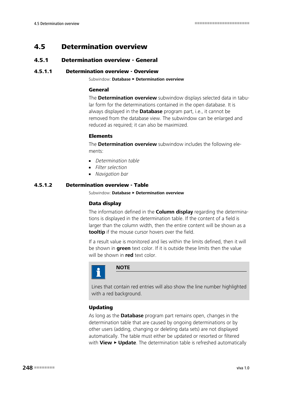 5 determination overview, 1 determination overview - general, 1 determination overview - overview | 2 determination overview - table, Determination overview, Determination overview - general, Overview of functions | Metrohm viva 1.0 Manual User Manual | Page 260 / 898