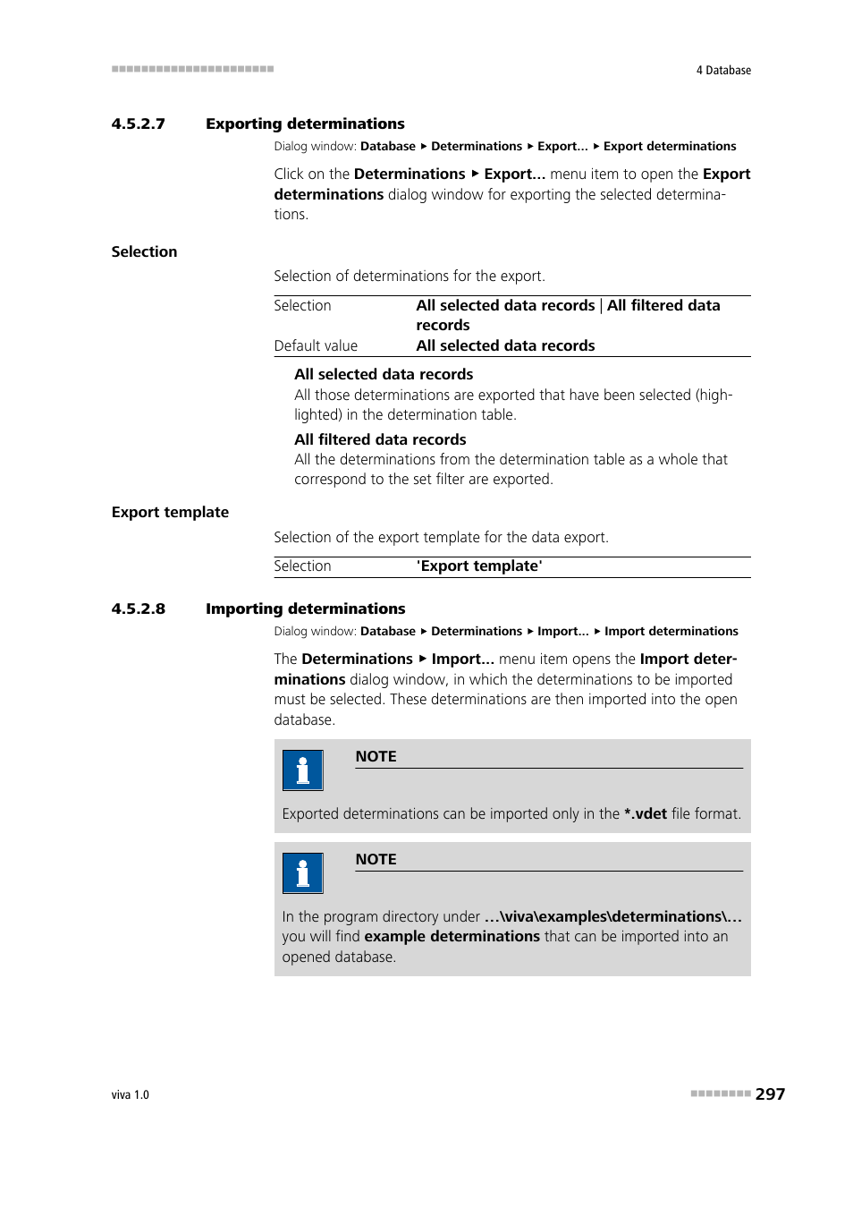 7 exporting determinations, 8 importing determinations, Exporting determinations | Importing determinations | Metrohm viva 1.0 Manual User Manual | Page 309 / 898