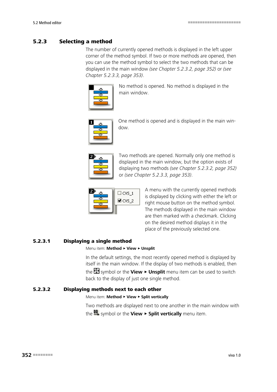 3 selecting a method, 1 displaying a single method, 2 displaying methods next to each other | Selecting a method | Metrohm viva 1.0 Manual User Manual | Page 364 / 898