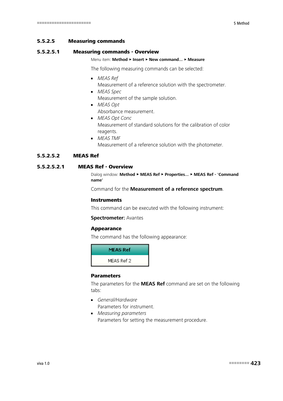 5 measuring commands, 1 measuring commands - overview, 2 meas ref | 1 meas ref - overview, Meas ref | Metrohm viva 1.0 Manual User Manual | Page 435 / 898