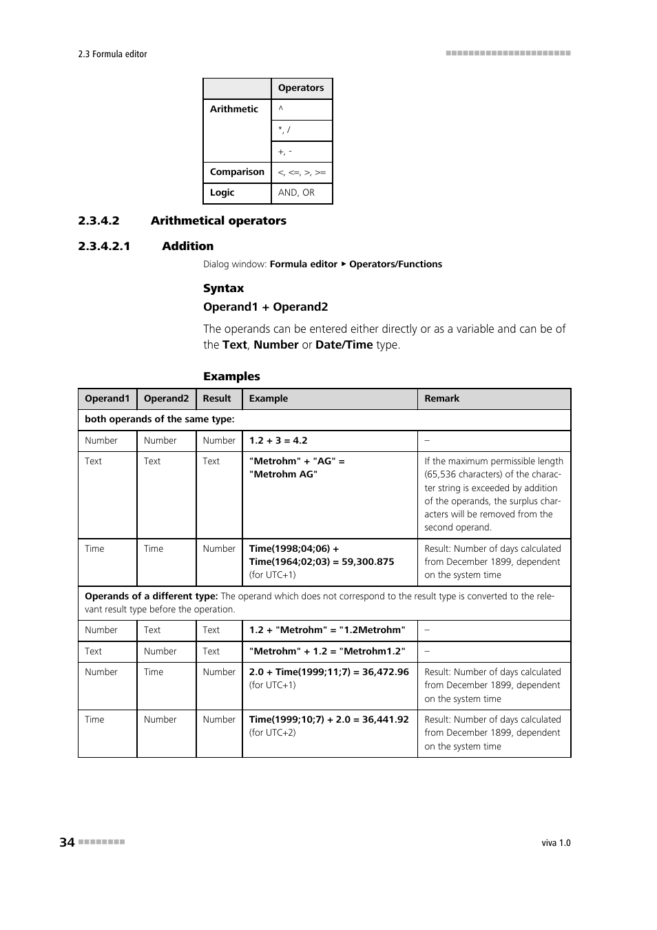 2 arithmetical operators, 1 addition, Addition | Subtraction (-), Multiplication, Division (/), Potentiation | Metrohm viva 1.0 Manual User Manual | Page 46 / 898