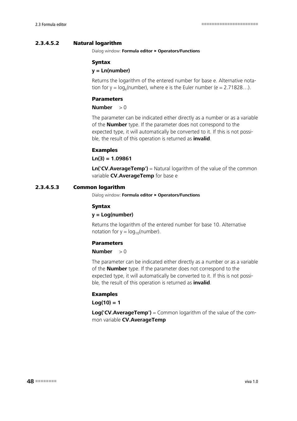 2 natural logarithm, 3 common logarithm, Natural logarithm | Common logarithm | Metrohm viva 1.0 Manual User Manual | Page 60 / 898