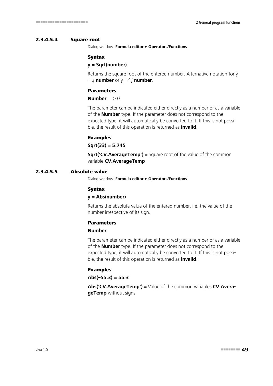 4 square root, 5 absolute value, Square root (sqrt) | Absolute value | Metrohm viva 1.0 Manual User Manual | Page 61 / 898