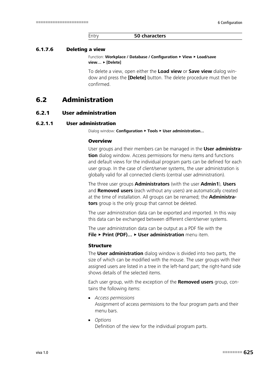 6 deleting a view, 2 administration, 1 user administration | Administration, User administration, User groups | Metrohm viva 1.0 Manual User Manual | Page 637 / 898