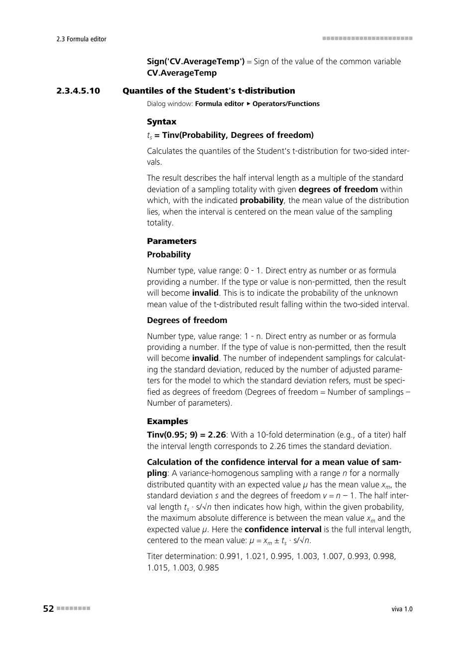 10 quantiles of the student's t-distribution, Quantiles of the student's t-distribution | Metrohm viva 1.0 Manual User Manual | Page 64 / 898