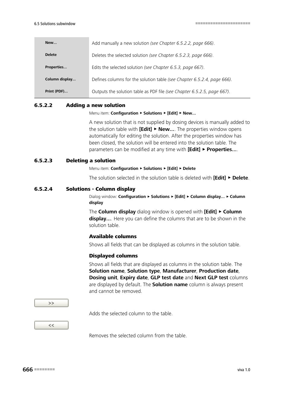 2 adding a new solution, 3 deleting a solution, 4 solutions - column display | Metrohm viva 1.0 Manual User Manual | Page 678 / 898