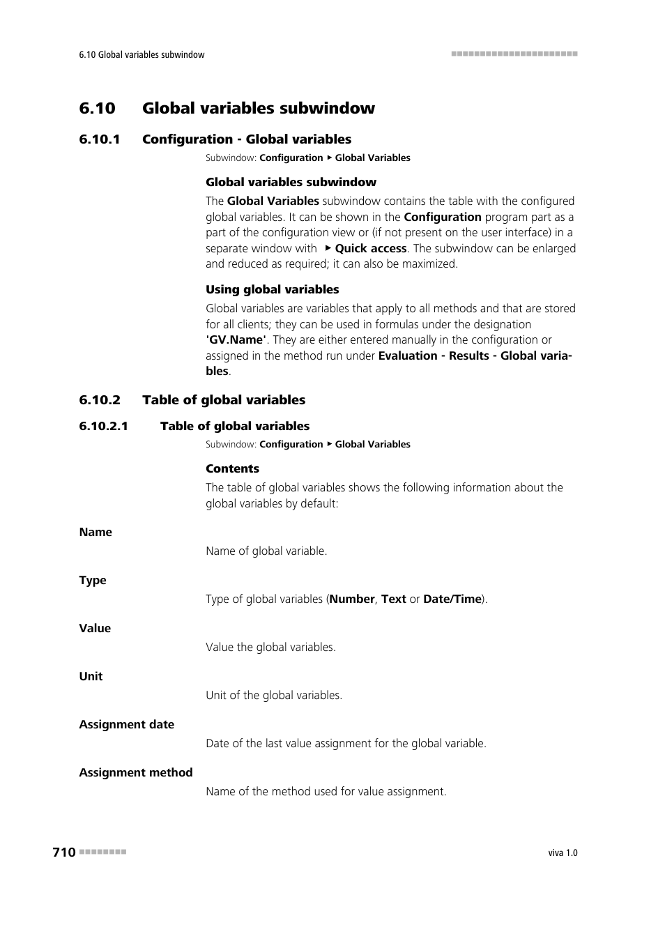 10 global variables subwindow, 1 configuration - global variables, 2 table of global variables | 1 table of global variables, 10 global variables subwindow 6.10.1, Configuration - global variables, Table of global variables, Global variables | Metrohm viva 1.0 Manual User Manual | Page 722 / 898