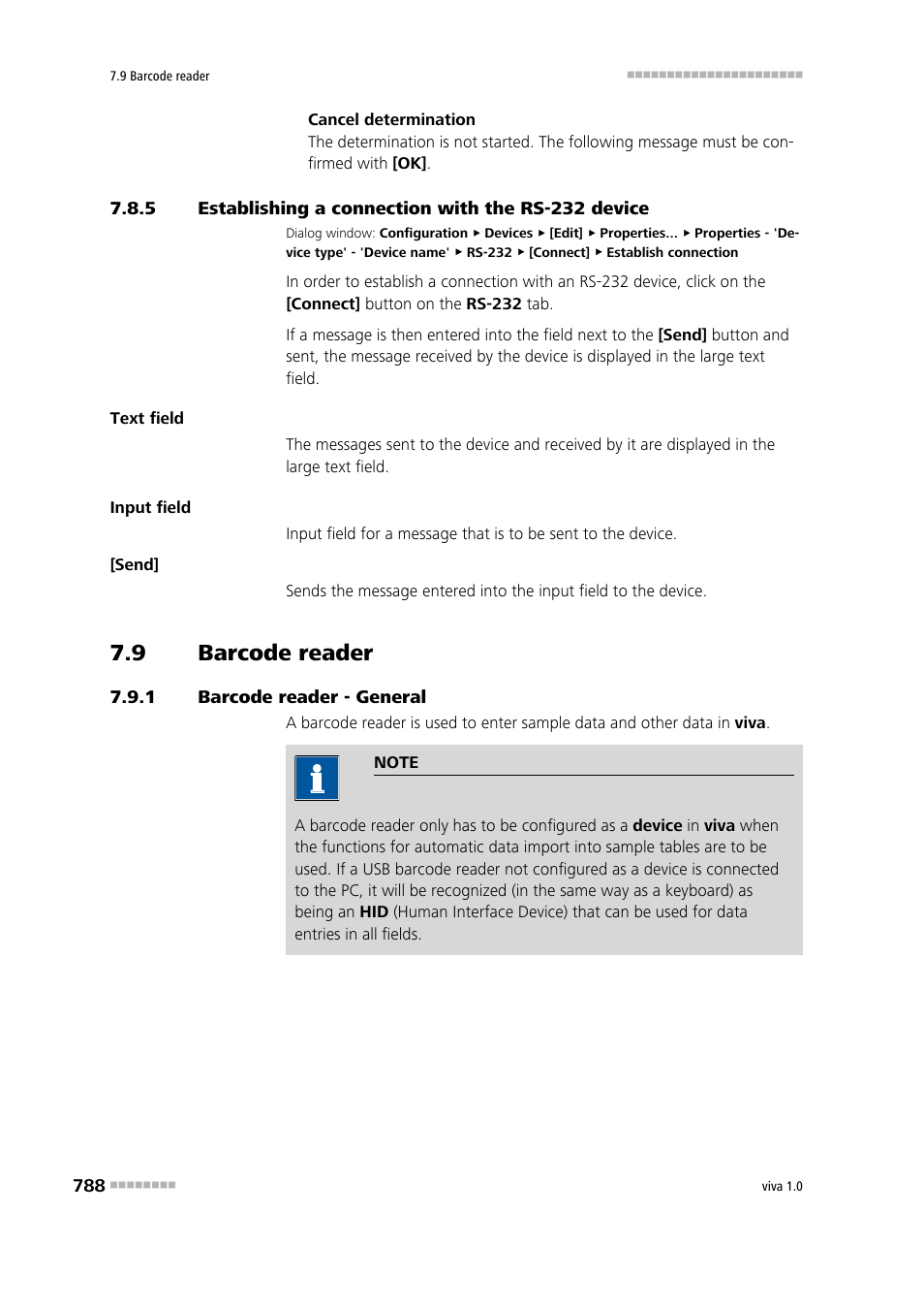 5 establishing a connection with the rs-232 device, 9 barcode reader, 1 barcode reader - general | Establishing a connection with the rs-232 device, Barcode reader, Barcode reader - general | Metrohm viva 1.0 Manual User Manual | Page 800 / 898