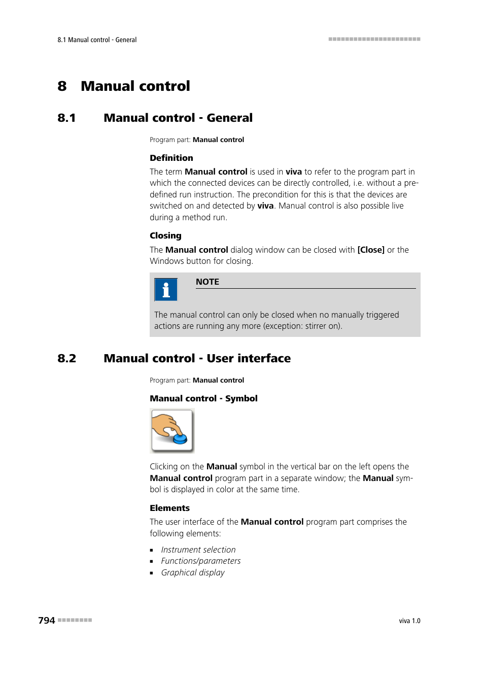 8 manual control, 1 manual control - general, 2 manual control - user interface | Manual control - general, Manual control - user interface | Metrohm viva 1.0 Manual User Manual | Page 806 / 898
