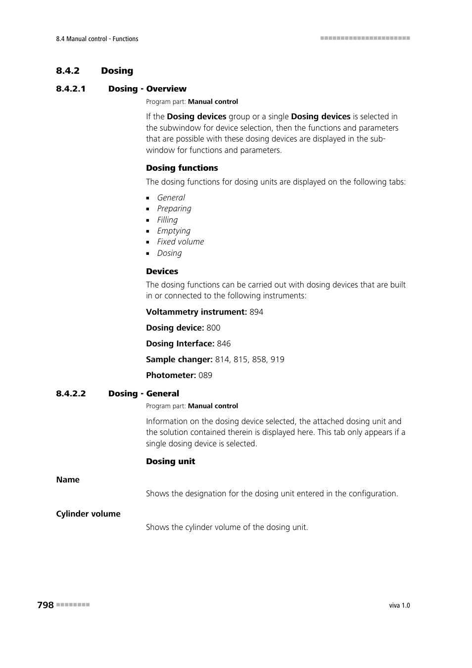 2 dosing, 1 dosing - overview, 2 dosing - general | Dosing | Metrohm viva 1.0 Manual User Manual | Page 810 / 898