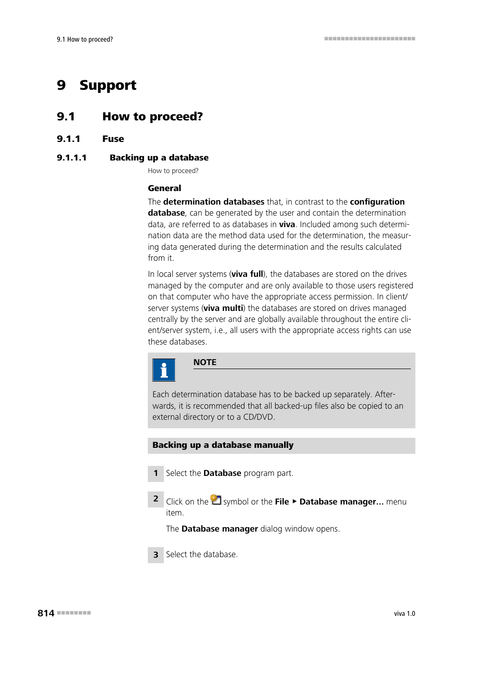 9 support, 1 how to proceed, 1 fuse | 1 backing up a database, How to proceed, Fuse | Metrohm viva 1.0 Manual User Manual | Page 826 / 898