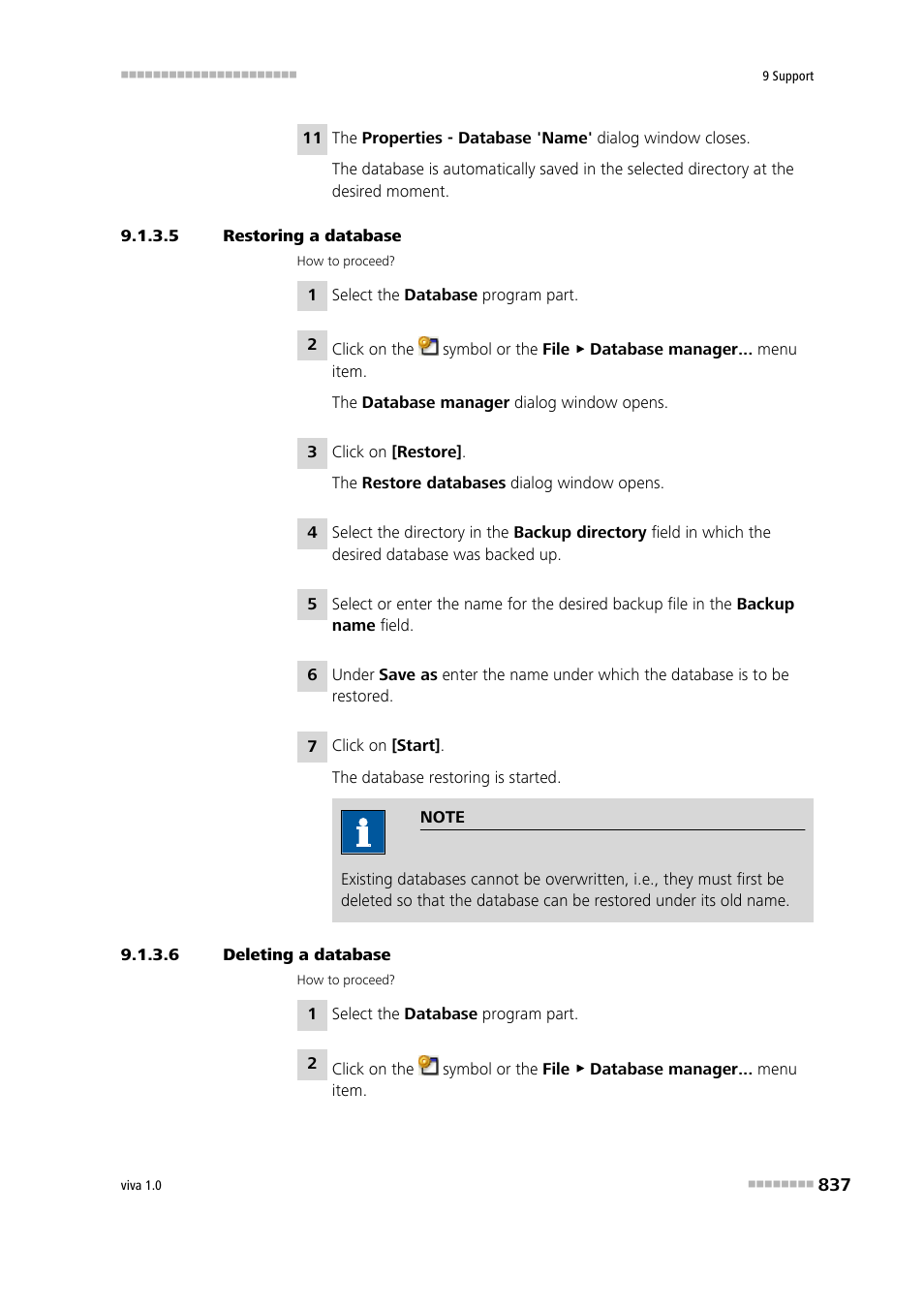 5 restoring a database, 6 deleting a database | Metrohm viva 1.0 Manual User Manual | Page 849 / 898