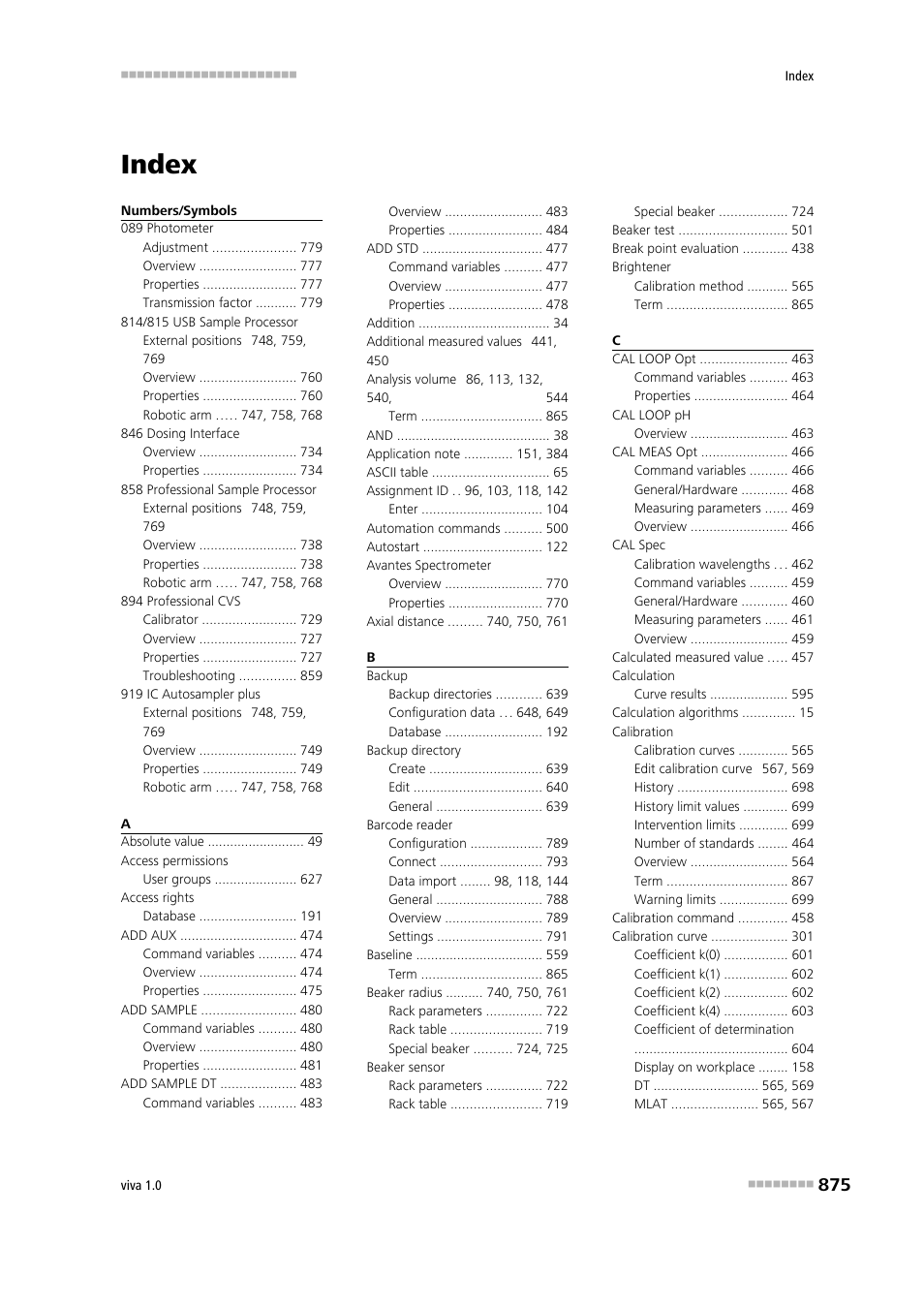 Index | Metrohm viva 1.0 Manual User Manual | Page 887 / 898