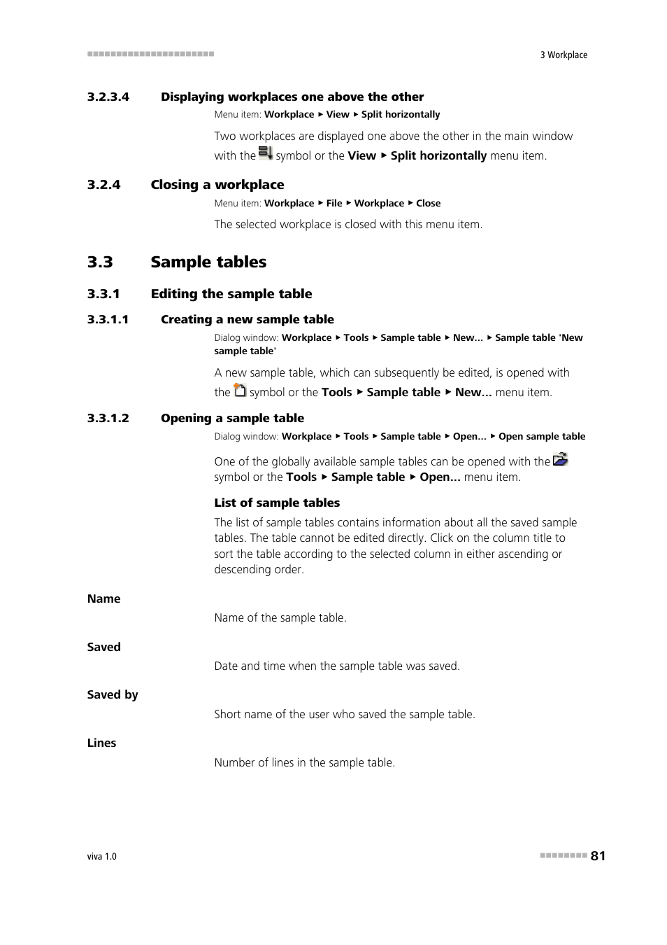 4 displaying workplaces one above the other, 4 closing a workplace, 3 sample tables | 1 editing the sample table, 1 creating a new sample table, 2 opening a sample table, Closing a workplace, Sample tables, Editing the sample table, Creating a sample table | Metrohm viva 1.0 Manual User Manual | Page 93 / 898