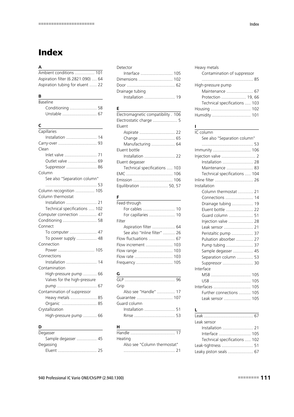 Index | Metrohm 940 Professional IC Vario ONE/ChS/PP User Manual | Page 119 / 120