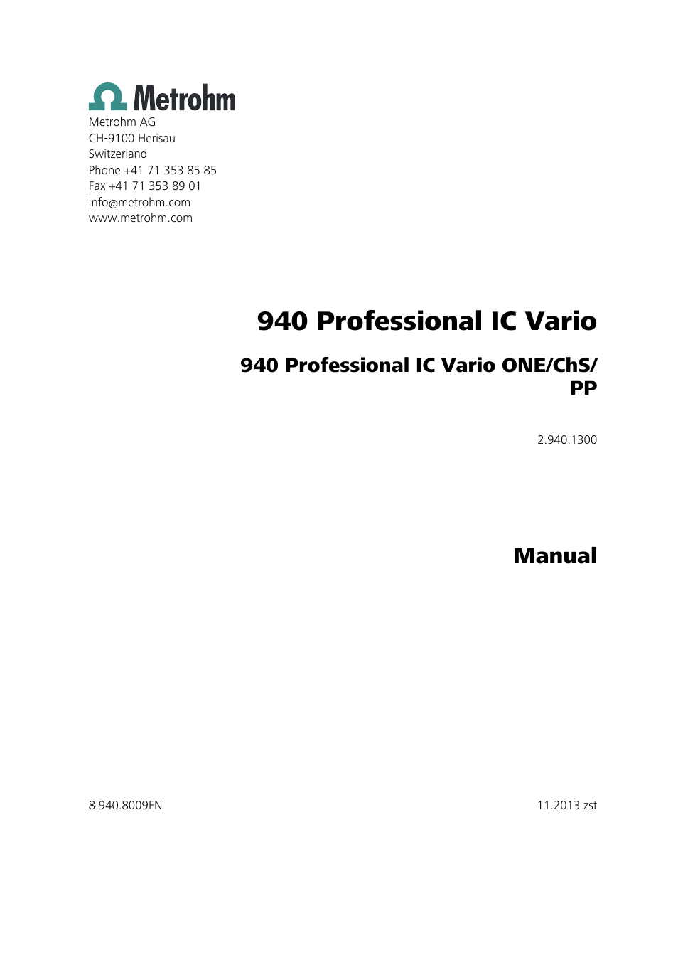 940 professional ic vario, Manual, 940 professional ic vario one/chs/ pp | Metrohm 940 Professional IC Vario ONE/ChS/PP User Manual | Page 3 / 120