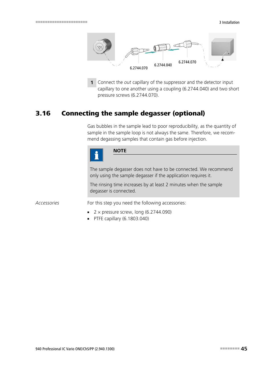 16 connecting the sample degasser (optional) | Metrohm 940 Professional IC Vario ONE/ChS/PP User Manual | Page 53 / 120