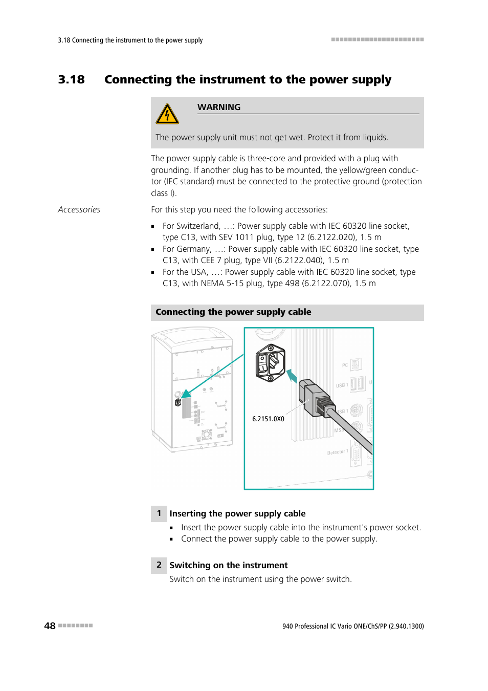 18 connecting the instrument to the power supply | Metrohm 940 Professional IC Vario ONE/ChS/PP User Manual | Page 56 / 120