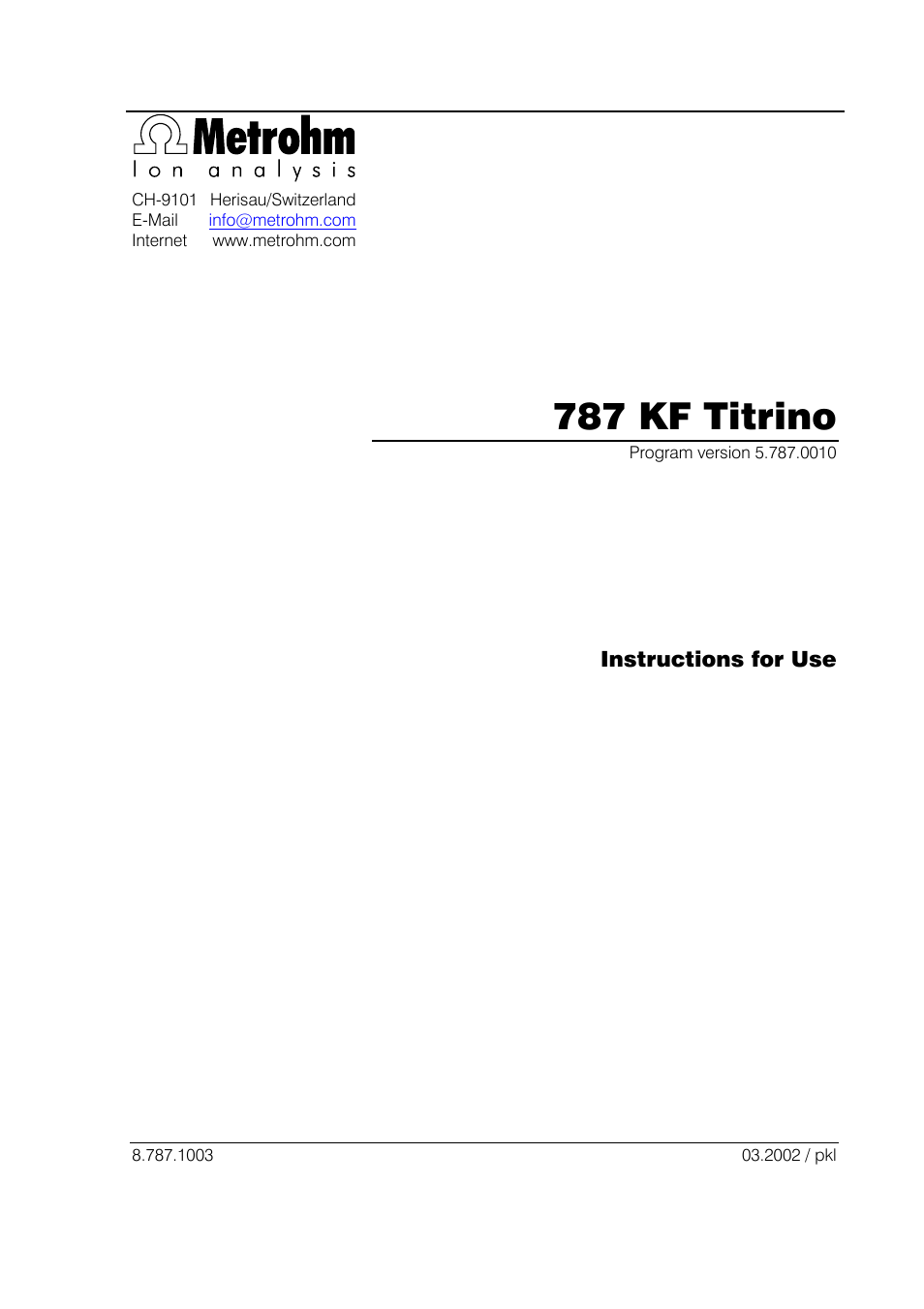 Metrohm 787 KF Titrino User Manual | 83 pages