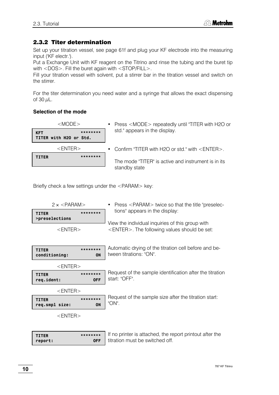 2 titer determination | Metrohm 787 KF Titrino User Manual | Page 14 / 83