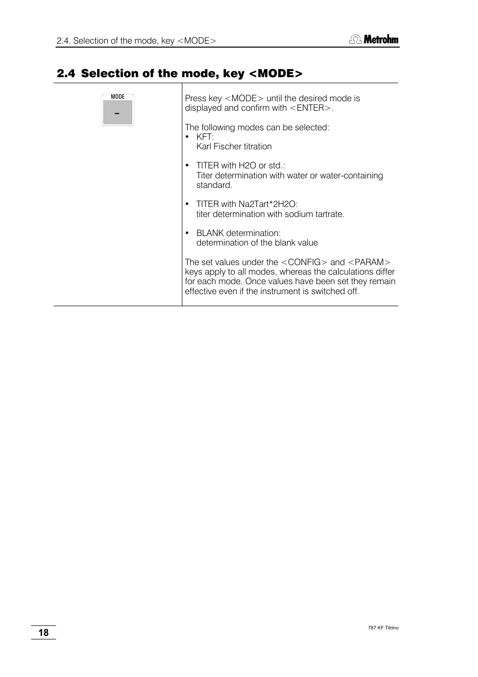 4 selection of the mode, key <mode | Metrohm 787 KF Titrino User Manual | Page 22 / 83