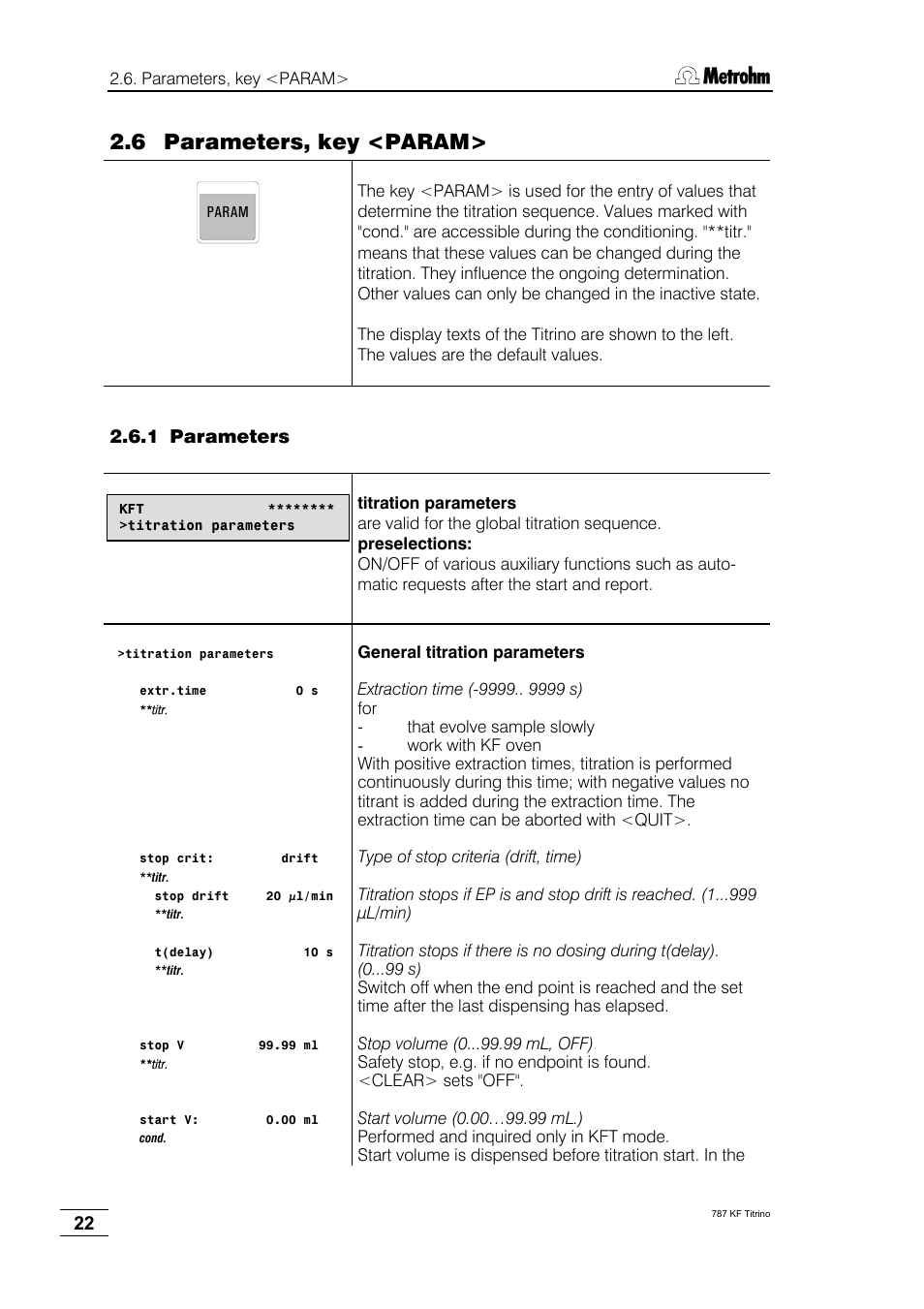 6 parameters, key <param, 1 parameters | Metrohm 787 KF Titrino User Manual | Page 26 / 83