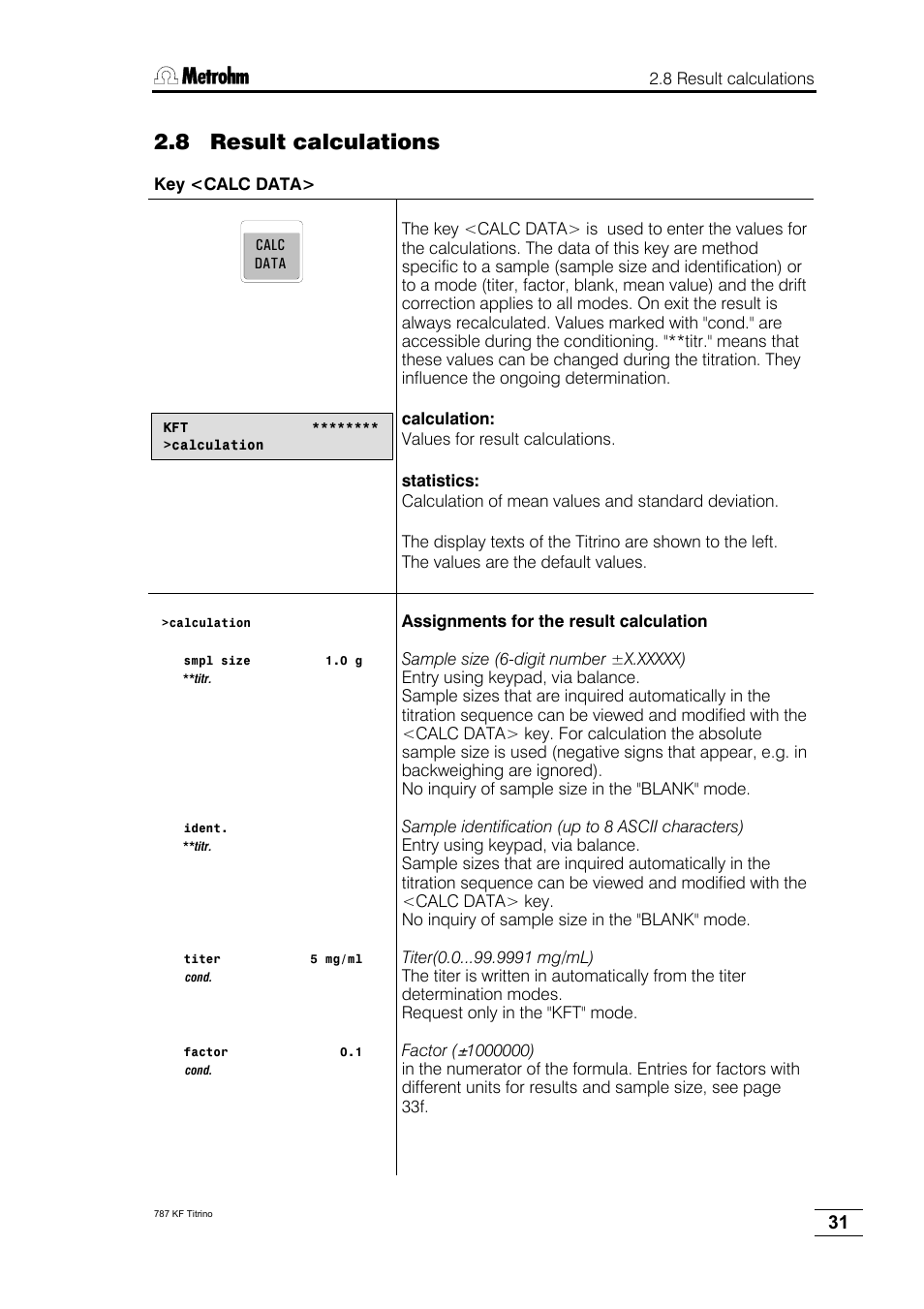 8 result calculations | Metrohm 787 KF Titrino User Manual | Page 35 / 83