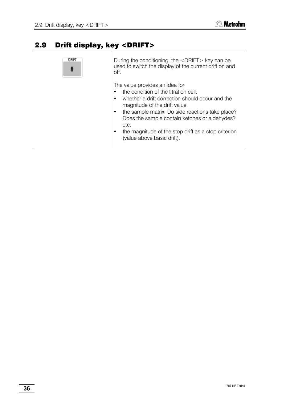 9 drift display, key <drift | Metrohm 787 KF Titrino User Manual | Page 40 / 83