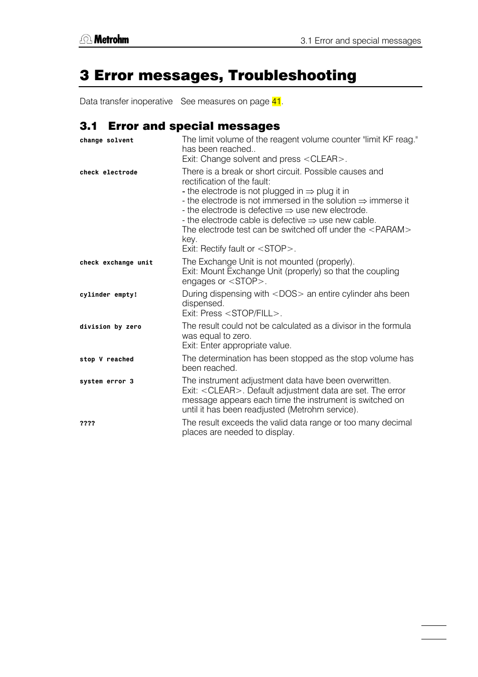 3 error messages, troubleshooting, 1 error and special messages | Metrohm 787 KF Titrino User Manual | Page 43 / 83