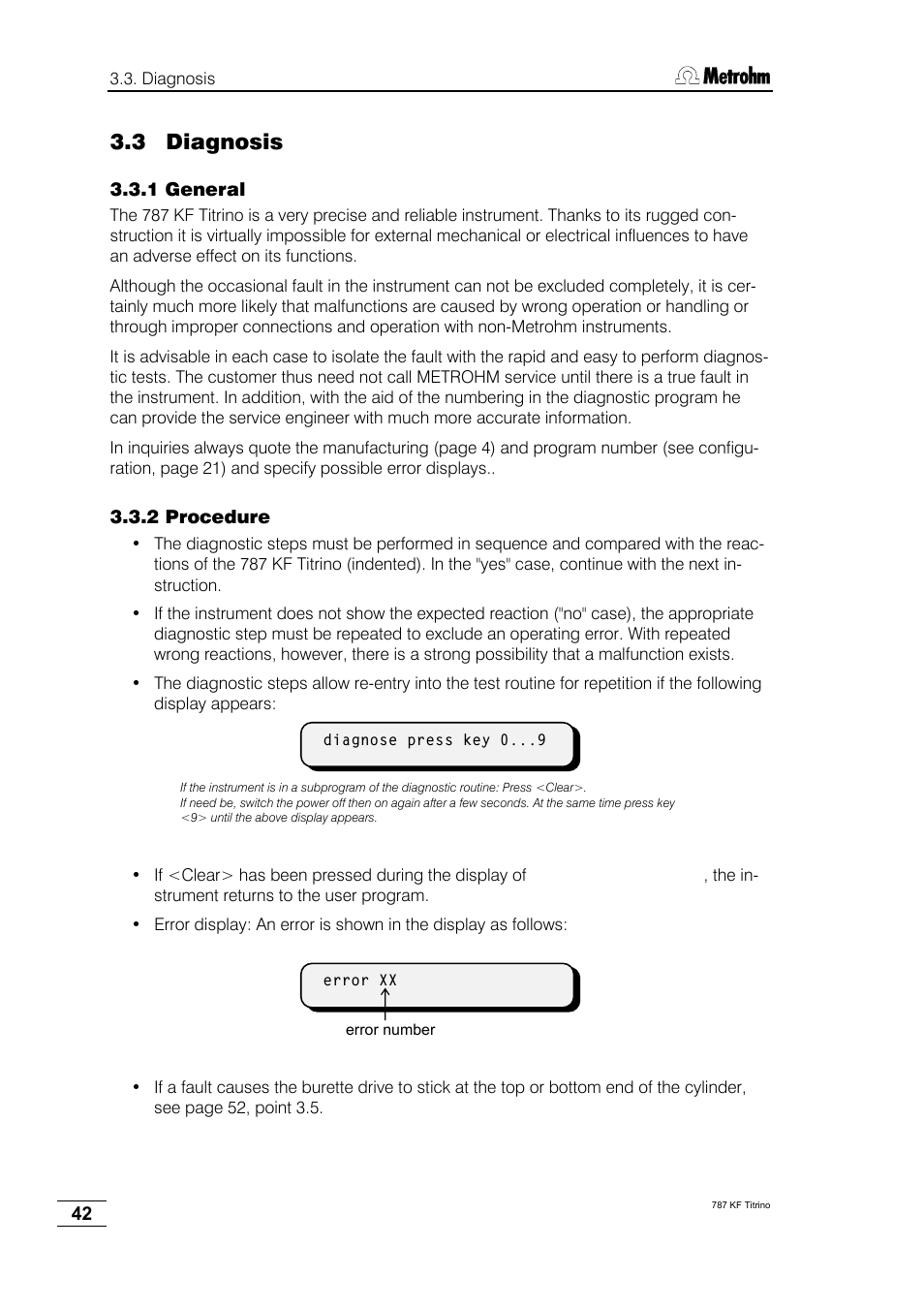 3 diagnosis, 1 general, 2 procedure | Metrohm 787 KF Titrino User Manual | Page 46 / 83