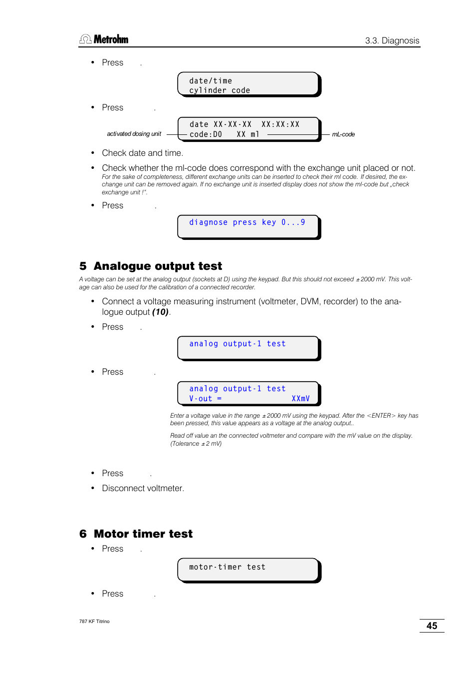 5 analogue output test, 6 motor timer test | Metrohm 787 KF Titrino User Manual | Page 49 / 83