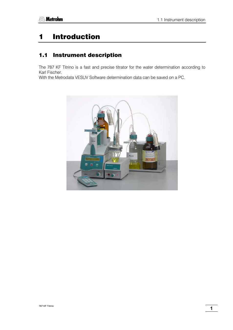 1 introduction, 1 instrument description | Metrohm 787 KF Titrino User Manual | Page 5 / 83