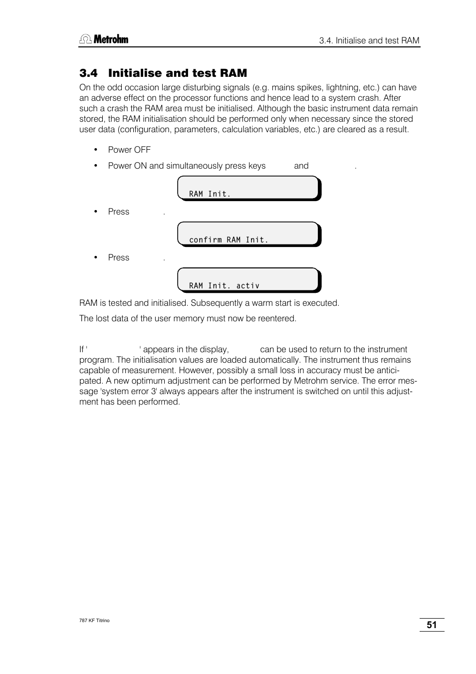 4 initialise and test ram | Metrohm 787 KF Titrino User Manual | Page 55 / 83