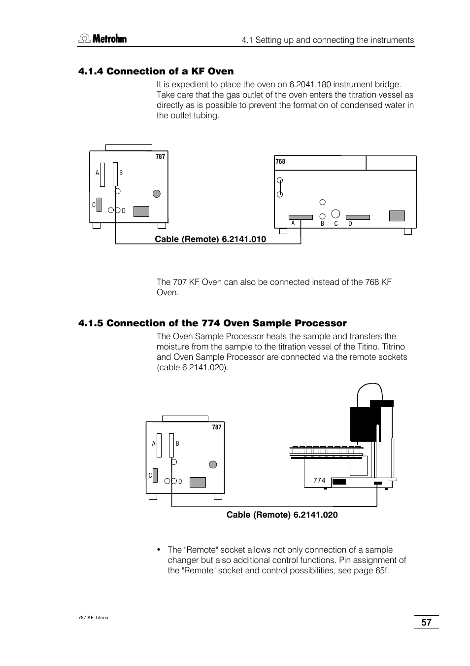 4 connection of a kf oven, 5 connection of the 774 oven sample processor | Metrohm 787 KF Titrino User Manual | Page 61 / 83