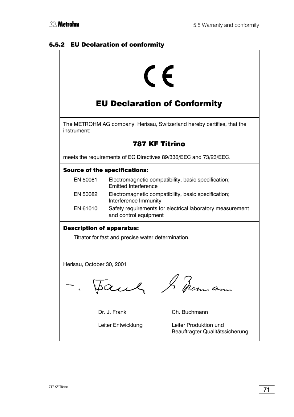2 eu declaration of conformity, Eu declaration of conformity, 787 kf titrino | Metrohm 787 KF Titrino User Manual | Page 75 / 83