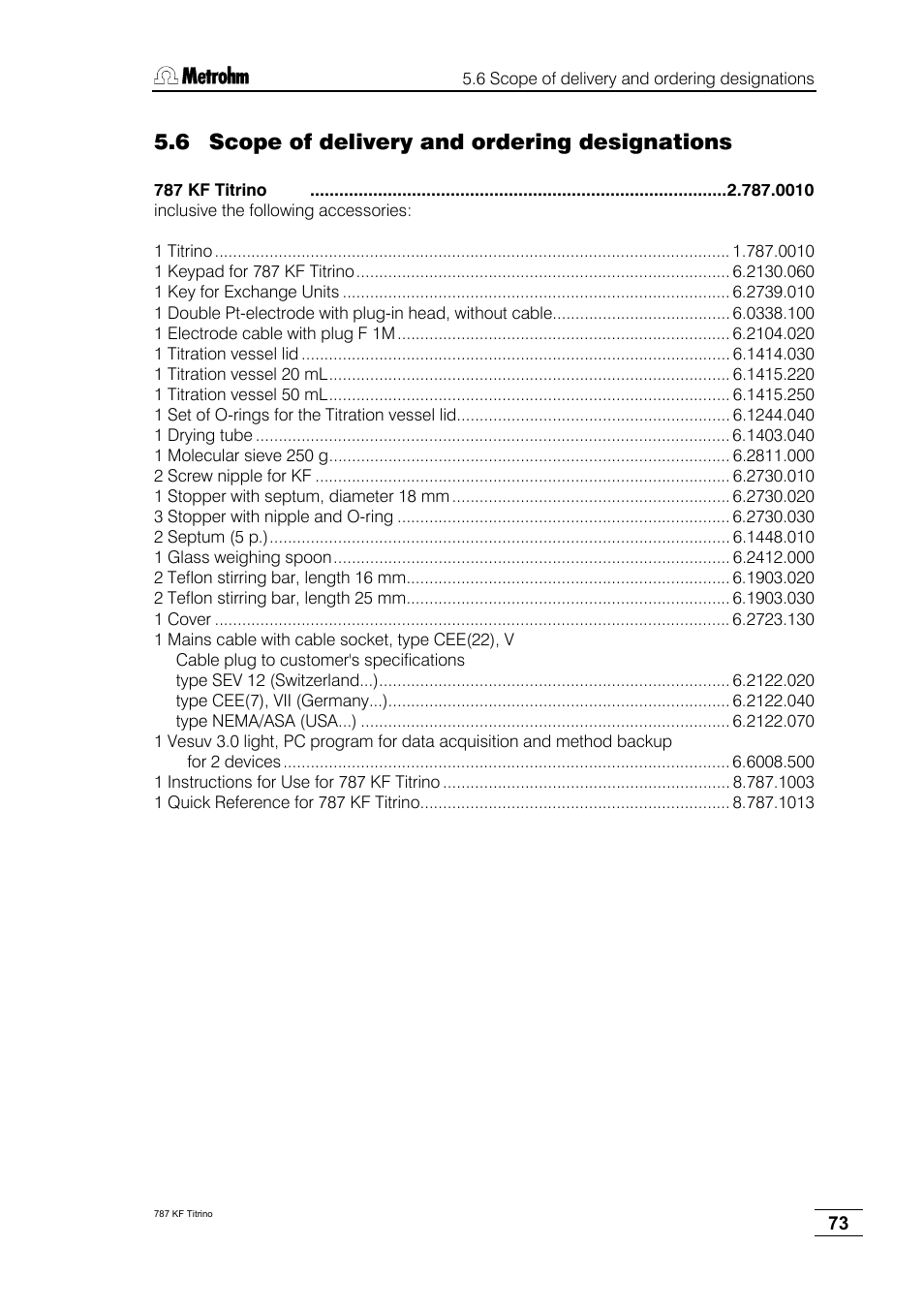 6 scope of delivery and ordering designations | Metrohm 787 KF Titrino User Manual | Page 77 / 83