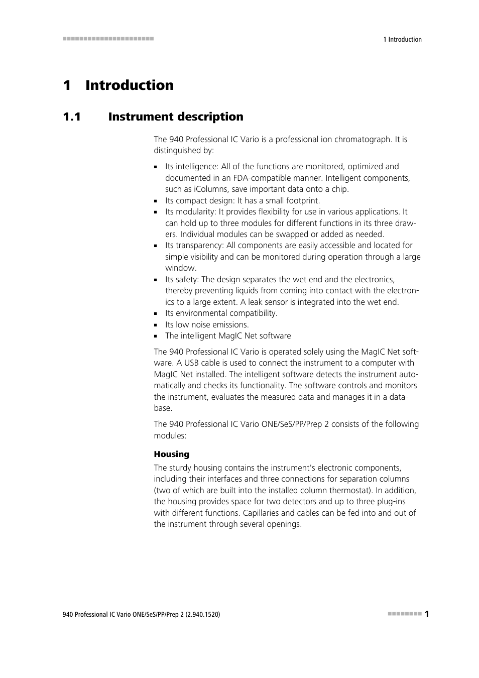 1 introduction, 1 instrument description, Instrument description | Metrohm 940 Professional IC Vario ONE/SeS/PP/Prep 2 User Manual | Page 11 / 130