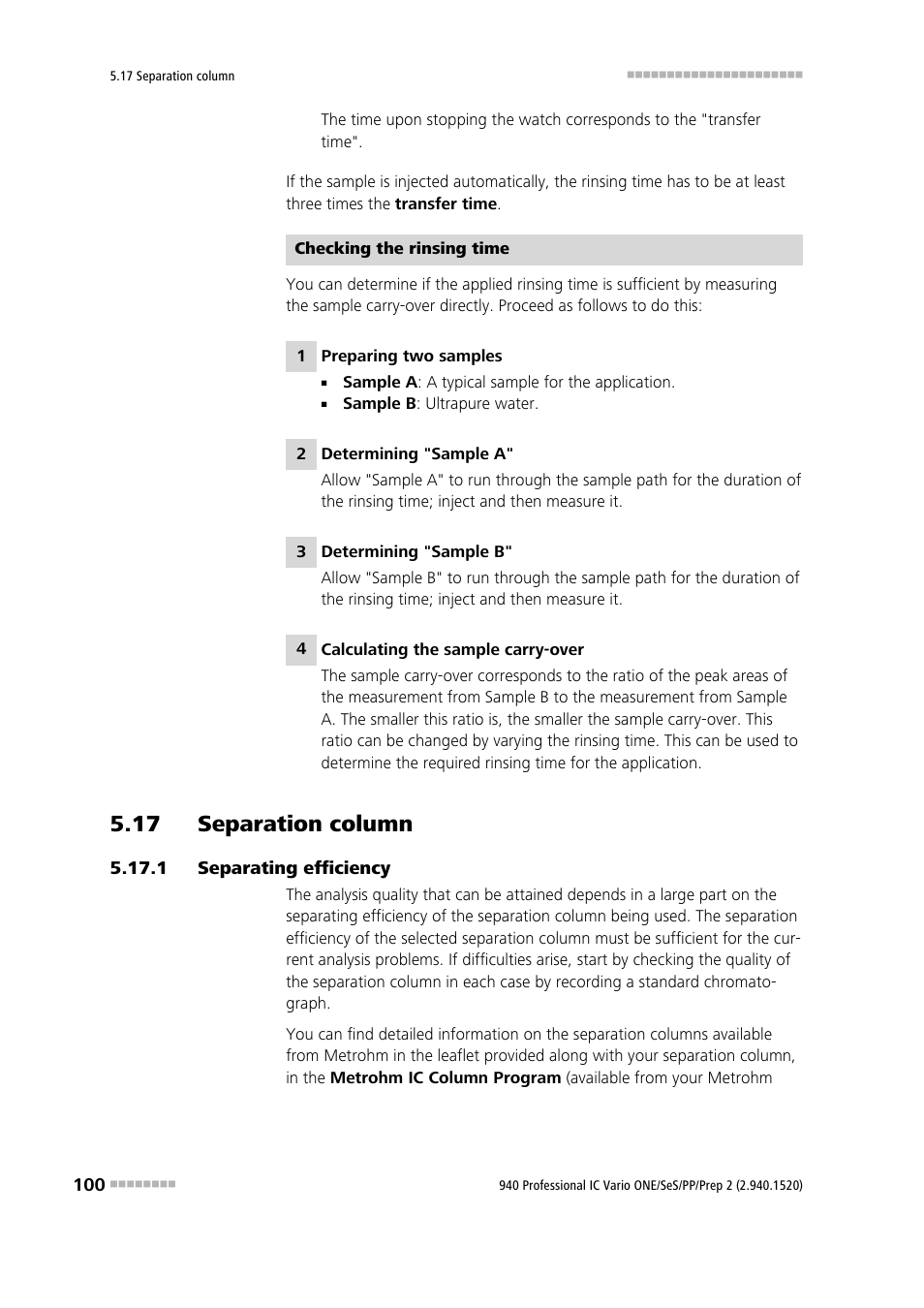 17 separation column, 1 separating efficiency, 17 separation column 5.17.1 | Separating efficiency | Metrohm 940 Professional IC Vario ONE/SeS/PP/Prep 2 User Manual | Page 110 / 130