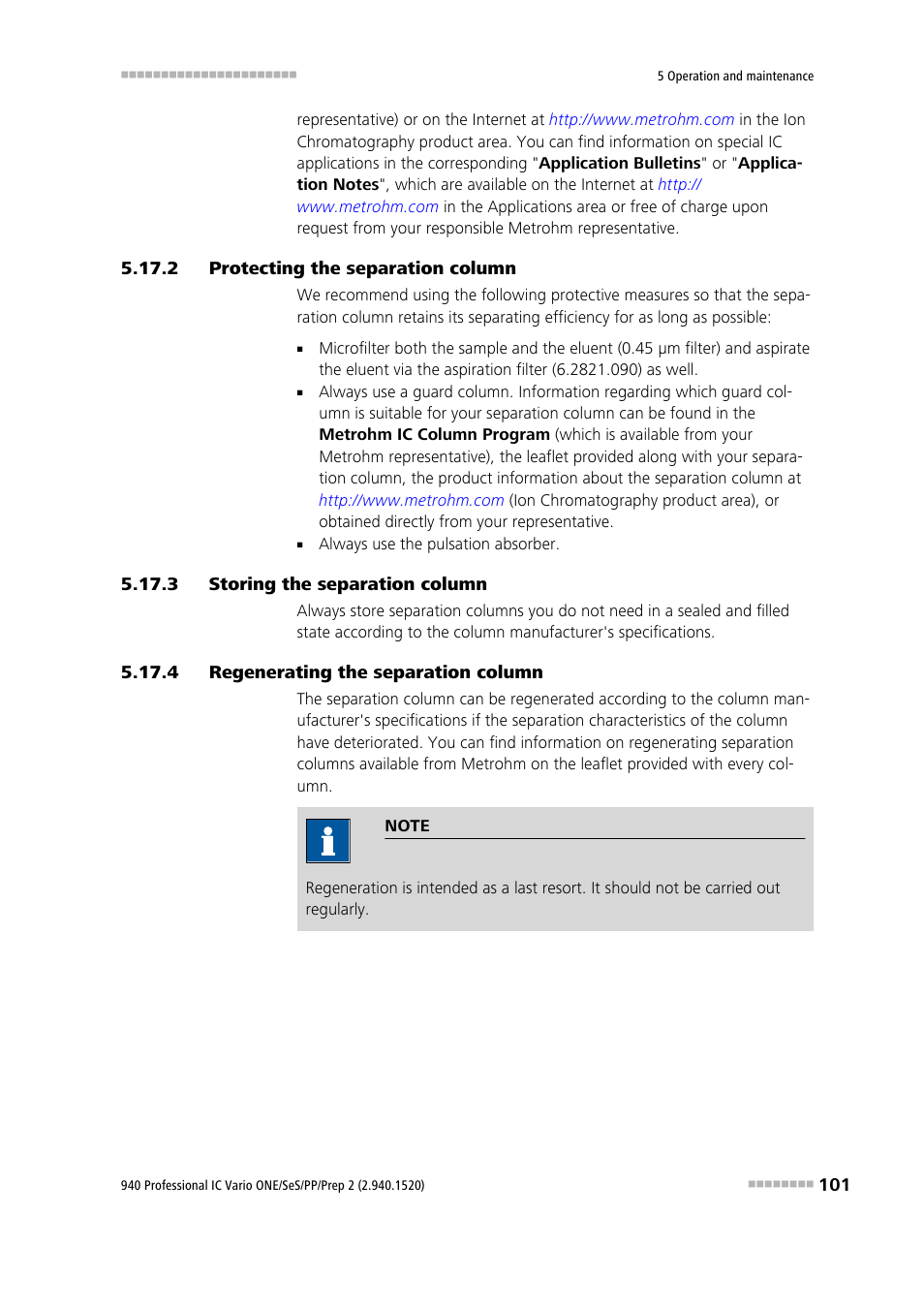 2 protecting the separation column, 3 storing the separation column, 4 regenerating the separation column | Protecting the separation column, Storing the separation column, Regenerating the separation column | Metrohm 940 Professional IC Vario ONE/SeS/PP/Prep 2 User Manual | Page 111 / 130