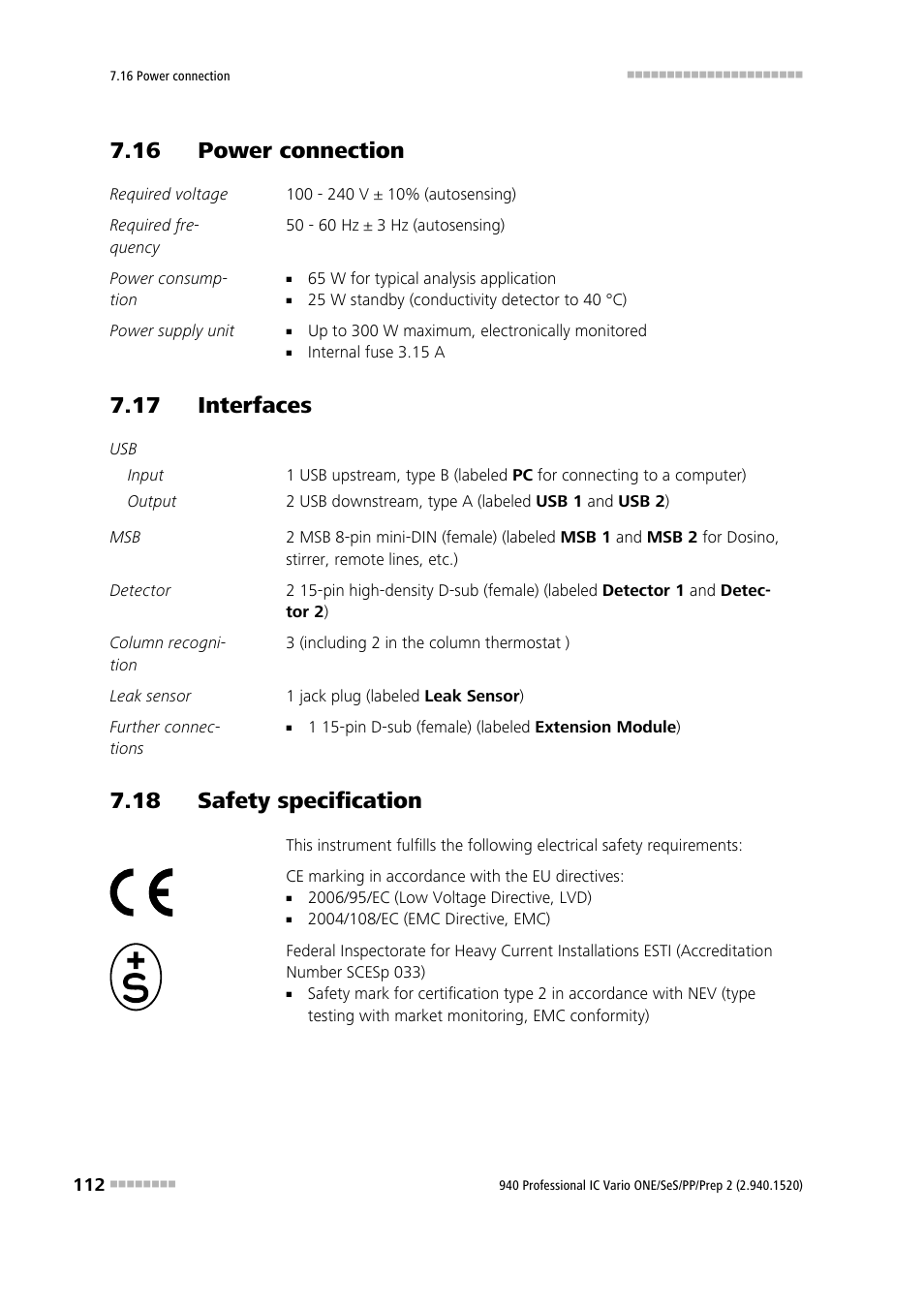 16 power connection, 17 interfaces, 18 safety specification | Metrohm 940 Professional IC Vario ONE/SeS/PP/Prep 2 User Manual | Page 122 / 130