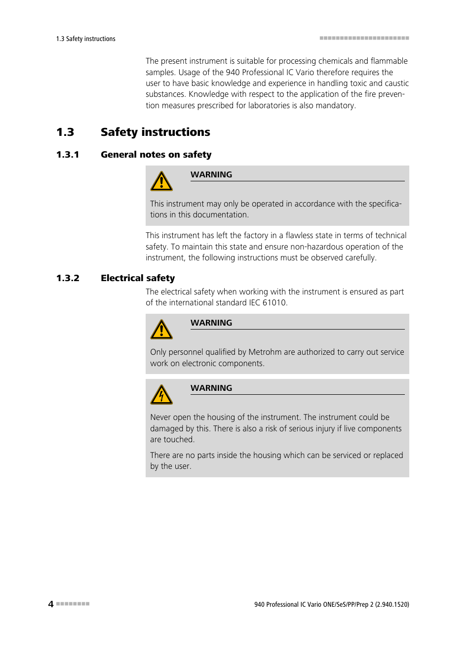 3 safety instructions, 1 general notes on safety, 2 electrical safety | Safety instructions, General notes on safety, Electrical safety | Metrohm 940 Professional IC Vario ONE/SeS/PP/Prep 2 User Manual | Page 14 / 130