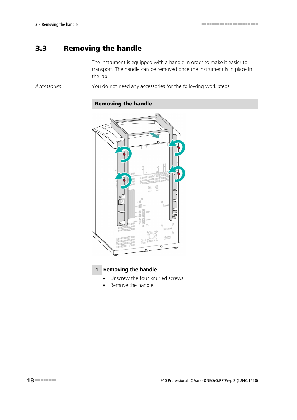 3 removing the handle, Removing the handle | Metrohm 940 Professional IC Vario ONE/SeS/PP/Prep 2 User Manual | Page 28 / 130