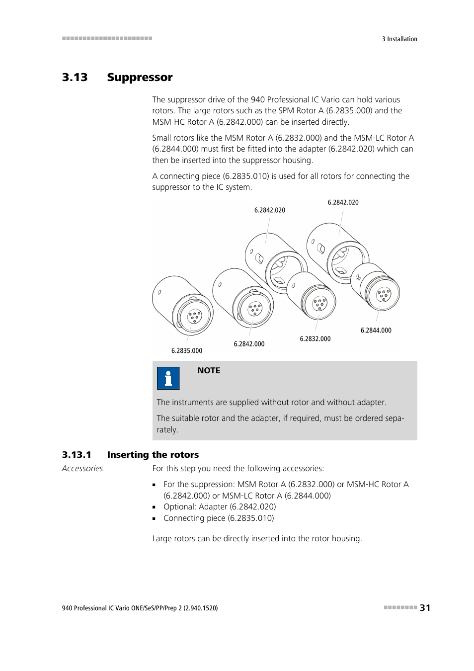 13 suppressor, 1 inserting the rotors, Inserting the rotors | Metrohm 940 Professional IC Vario ONE/SeS/PP/Prep 2 User Manual | Page 41 / 130