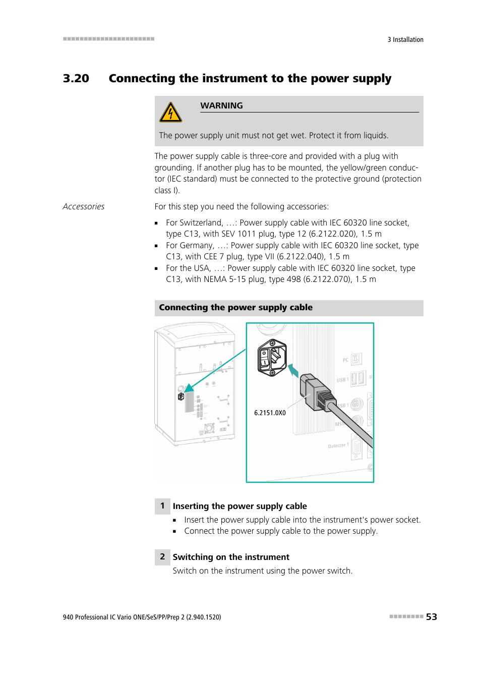 20 connecting the instrument to the power supply | Metrohm 940 Professional IC Vario ONE/SeS/PP/Prep 2 User Manual | Page 63 / 130
