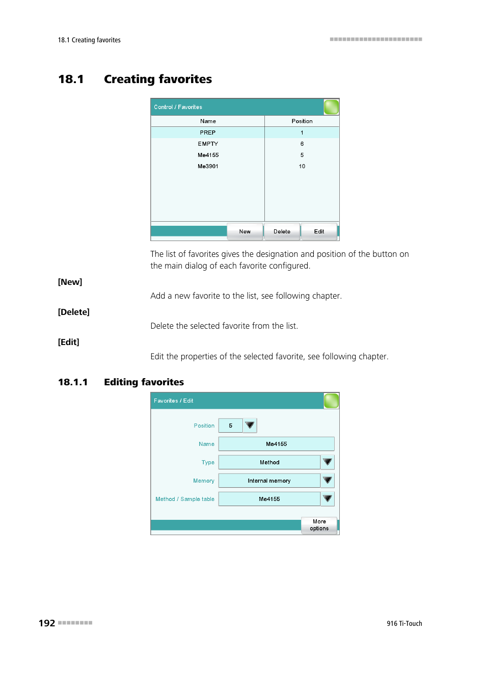 1 creating favorites, 1 editing favorites, 1 creating favorites 18.1.1 | Editing favorites | Metrohm 916 Ti-Touch User Manual | Page 208 / 459