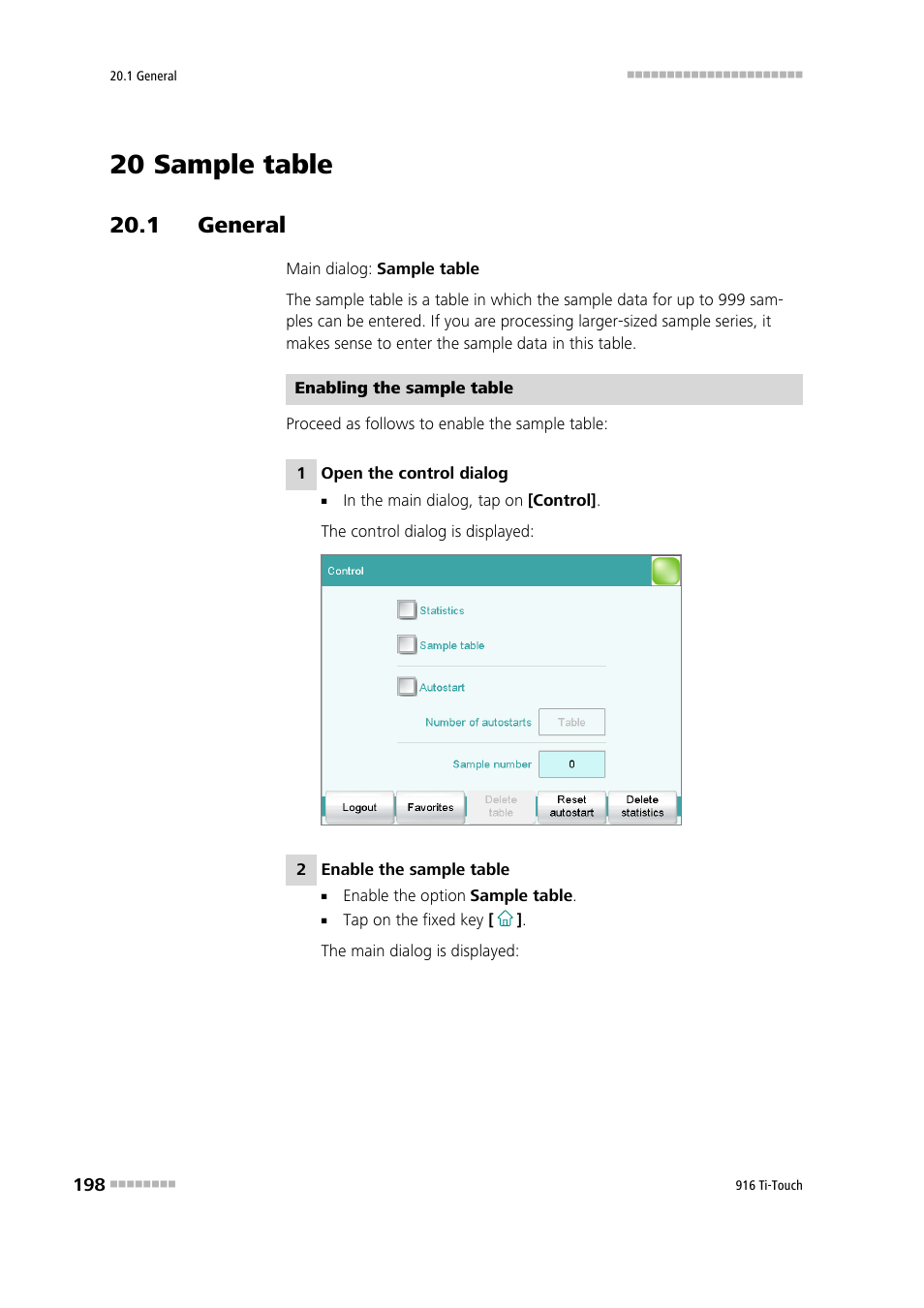 20 sample table, 1 general | Metrohm 916 Ti-Touch User Manual | Page 214 / 459